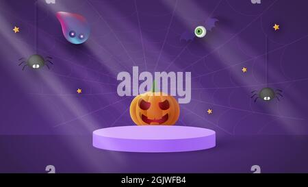 Felice Halloween banner o party invito sfondo con fantasma e divertente zucche ho illustrazione vettoriale. Illustrazione Vettoriale