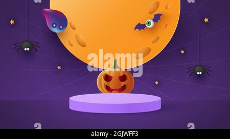 Felice Halloween banner o party invito sfondo con luna, pipistrelli e divertente zucche ho illustrazione vettoriale. Illustrazione Vettoriale