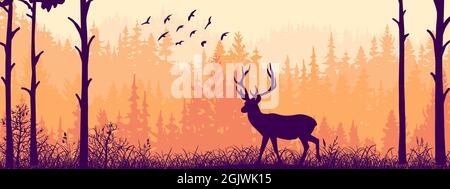 Banner orizzontale. Silhouette di cervo in piedi sul prato in Forrest. Silhouette di animali, alberi, erba. Magico paesaggio nebboso, nebbia. Arancione, nero A. Illustrazione Vettoriale