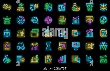 Icone previsione di mercato impostate. Contorno insieme di previsioni di mercato icone vettoriali colore neon nero Illustrazione Vettoriale