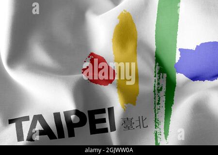 La bandiera 3D di Taipei City è una provincia di Taiwan. Ondeggiando sulla bandiera del vento con l'iscrizione con il nome della regione in cinese Foto Stock