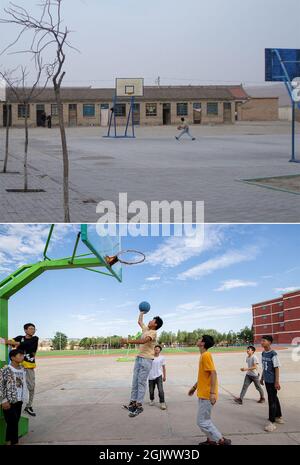 (210912) -- YINCHUAN, 12 settembre 2021 (Xinhua) -- Foto combinata scattata nel novembre 2007 (in alto, foto di archivio) e il 21 giugno 2021 (in basso, scattata da Yang Zhisen) mostra la corte di pallacanestro della scuola media di Tongxin No. 3 nella città di Yuwang della contea di Tongxin, regione autonoma di Ningxia Hui della Cina nord-occidentale. (Hangzhou) Foto Stock