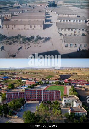 (210912) -- YINCHUAN, 12 settembre 2021 (Xinhua) -- Foto combinata scattata nel maggio 2003 (in alto, foto di archivio) e il 21 giugno 2021 (in basso, foto drone scattata da Yang Zhisen) mostra la scuola media di Tongxin No. 3 nella città di Yuwang della contea di Tongxin, regione autonoma di Ningxia Hui della Cina nordoccidentale. (Hangzhou) Foto Stock