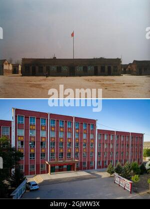 (210912) -- YINCHUAN, 12 settembre 2021 (Xinhua) -- la foto combinata mostra gli uffici e le sale riunioni della scuola media di Tongxin n° 3 nel marzo 2000 (in alto, foto di archivio) e la vista aerea dell'edificio didattico della scuola media di Tongxin n° 3 il 21 giugno 2021 (in basso, presa da Yang Zhisen), Nella città di Yuwang della contea di Tongxin, regione autonoma di Ningxia Hui nella Cina nord-occidentale. (Hangzhou) Foto Stock