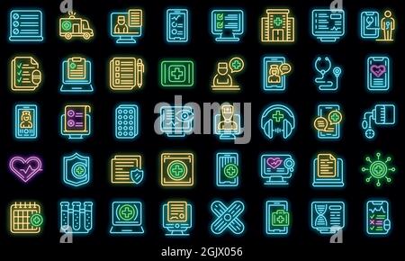 Icone di consultazione medica online impostate. Contorno set di consultazione medica online icone vettoriali colore neon nero Illustrazione Vettoriale