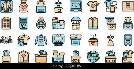 Set di icone per la donazione di abiti. Contorno set di abiti donazione icone vettoriali linea sottile colore piatto isolato su bianco Illustrazione Vettoriale