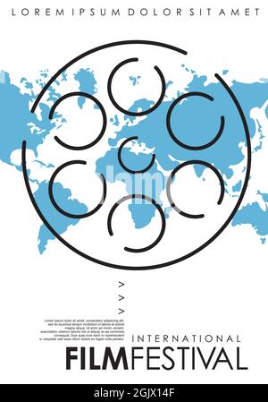 Festival Internazionale di film minimo poster design con line art film bobina e blu mappa del mondo. Concetto di modello di volantino per l'evento cinematografico Illustrazione Vettoriale