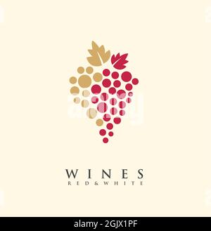 Idea creativa del logo dei vini rossi e bianchi con il simbolo dell'uva e le foglie dorate. Immagine dell'icona dei vini da bere. Logo design layout per vigneto o cantina. Illustrazione Vettoriale