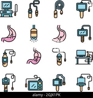 Icone endoscopio impostate. Contorno insieme di icone vettoriali endoscopiche linea sottile colore piatto isolato su bianco Illustrazione Vettoriale
