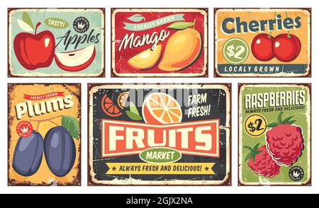 Collezione di insegne d'epoca del mercato della frutta. Poster retrò di mela, mango, ciliegia, arancio, prugna e lampone. Piantagione di frutta e vettori di fattoria e segno Illustrazione Vettoriale