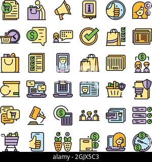 Icone dei diritti dei consumatori impostate. Contorno insieme di icone vettoriali per i diritti dei consumatori linea sottile colore piatto isolato su bianco Illustrazione Vettoriale