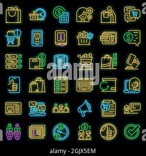 Icone dei diritti dei consumatori impostate. Contorno insieme di icone vettoriali dei diritti dei consumatori colore al neon nero Illustrazione Vettoriale
