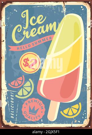 Gelato su un poster retrò bastone con elementi di design originali e colorati. Agrumi sapori icecream segno d'annata. Etichetta grafica vettoriale per alimenti dolci. Illustrazione Vettoriale