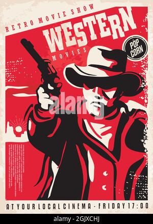 Sparare con pistola, retrò poster concetto per Western film festival. Illustrazione vintage dei cowboy. Poster vettoriale Wild West. Illustrazione Vettoriale