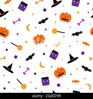 Un motivo di Halloween senza cuciture carino con zucche Illustrazione Vettoriale