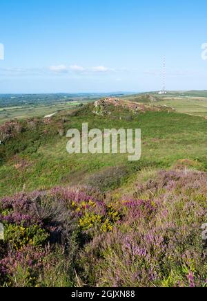 vista sulla bretagna dalla collina nel parc naturel d'armorique sotto il cielo blu in estate Foto Stock