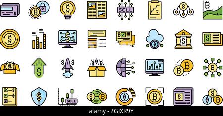 Icone dei mercati emergenti impostate. Contorno insieme di icone vettoriali di mercato emergente sottile linea colore piatto isolato su bianco Illustrazione Vettoriale