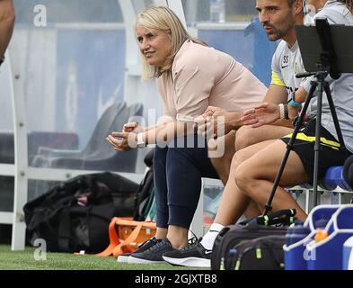 Kington upon Thames, Inghilterra, 12 settembre 2021. Emma Hayes, responsabile di Chelsea durante la partita fa WomenÕs Super League a Kingsmeadow, Kington upon Thames. Il credito d'immagine dovrebbe leggere: Paul Terry / Sportimage Foto Stock