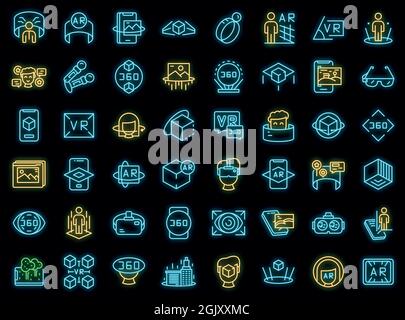 Set di icone per la realtà aumentata. Contorno di icone vettoriali realtà aumentata colore neon nero Illustrazione Vettoriale