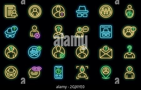 Icone anonime impostate. Contorno insieme di icone anonime vettoriali colore neon nero Illustrazione Vettoriale