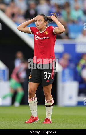 LEICESTER, REGNO UNITO 12 SETTEMBRE. Lucy Staniforth di Manchester United durante la partita della Barclays fa Women's Super League tra Leicester City e Manchester United al King Power Stadium di Leicester domenica 12 settembre 2021. (Credit: James Holyoak | MI News) Credit: MI News & Sport /Alamy Live News Foto Stock