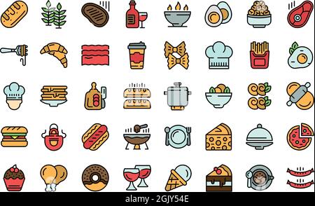 Icone della cucina francese impostate. Contorno set di icone vettoriali cucina francese sottile linea colore piatto isolato su bianco Illustrazione Vettoriale