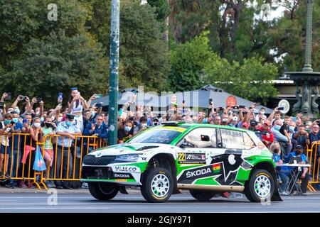 Auto da corsa Skoda Fabia Evo WRC, Toksport WRT Team, durante la prima tappa del Rally Acropolis 2021, svoltosi ad Atene, in Grecia. Foto Stock