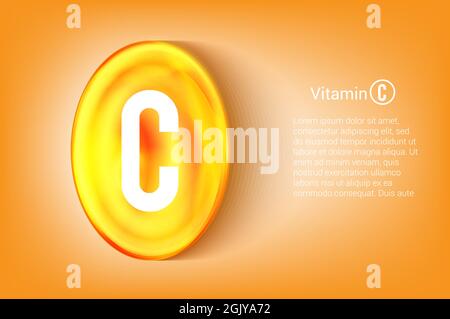 Capsula d'oro con vitamina C. pillola d'oro brillante di sostanza. Per la pubblicità sulla salute. Illustrazione Vettoriale