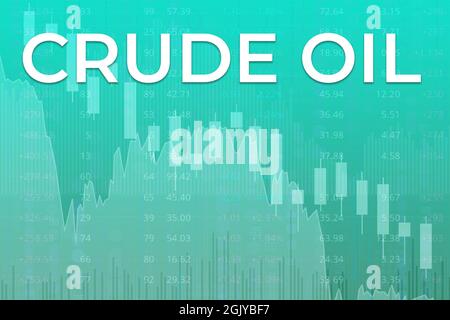 Variazione di prezzo sui futures del petrolio greggio nel mondo su sfondo di finanza verde da colonne, grafici, grafici, candela, freccia. Trend su e giù. Illustrazione 3D Foto Stock