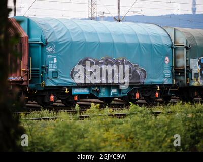 Carro merci coperto blu con graffiti in piedi su binari ferroviari in uno scalo ferroviario industriale. Foto Stock