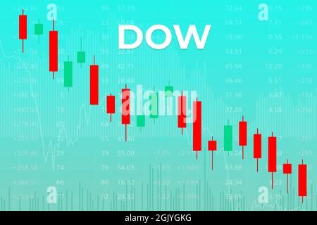 Mosca, Russia – 12 settembre 2021: Indice dei mercati finanziari americani Dow Jones (ticker DOW) su fondo finanziario blu e rosso da numeri, grafici, c Foto Stock