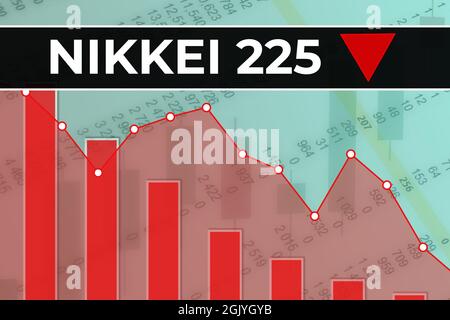 Mosca, Russia – 12 settembre 2021: Indice del mercato finanziario giapponese Nikkei 225 (ticker N225) su sfondo rosso di finanza da numeri, grafici, linee. TREN Foto Stock