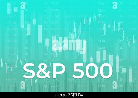 Mosca, Russia – 12 settembre 2021: Indice dei mercati finanziari americani S e P 500 (ticker SPX) su sfondo blu da numeri, grafici, frecce, Foto Stock