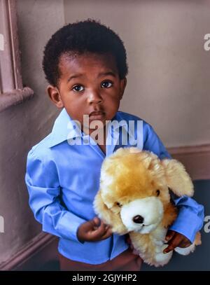 Bambino africano 4 anni in posa a casa tenero bambino africano carino ragazzo nero dei Caraibi che indossa la sua migliore camicia blu, tenendo il suo orso soffice preferito. Espressione emotiva pensiva catturata dalla luce naturale della finestra di casa sua Foto Stock