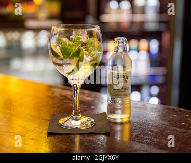 Gin & Elderflower Tonic sul Copper Bar al Penventon Park Hotel a Redruth, Cornovaglia Foto Stock