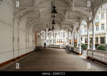 Scolpito mercato Colonnade in legno, Trzni kolonada, con tre sorgenti minerali nel centro storico di Karlovy Vary, Repubblica Ceca. Porticato Pillared Foto Stock