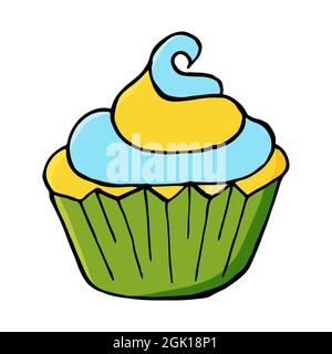 Icona luminosa di cupcake, muffin in stile disegno a mano. Illustrazione vettoriale per il vostro disegno. Dolci, muffin carini. Segno, icona Illustrazione Vettoriale