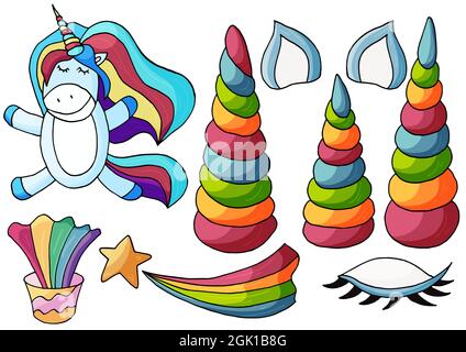 Set di elementi di design unicorno in stile disegno a mano. Collezione fata Girly. Unicorno, corno, arcobaleno. Stile cartoon Unicorn. Cartello, adesivo Illustrazione Vettoriale