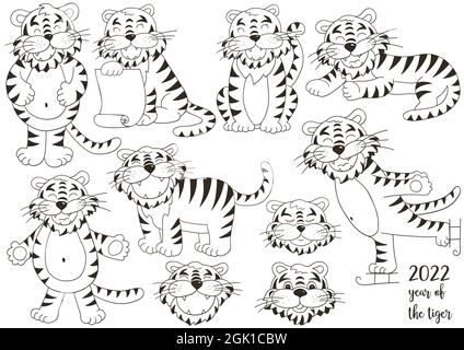 Set di tigri a mano. Simbolo di 2022. Facce monocromatiche delle tigri. Anno nuovo 2022. Illustrazioni della collezione Illustrazione Vettoriale