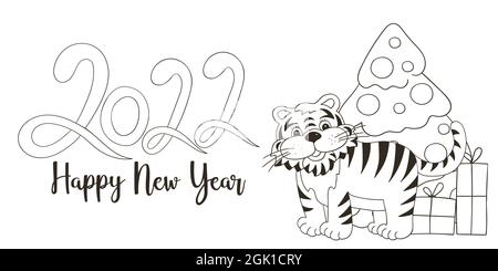 Simbolo di 2022. Carta vettoriale con una tigre in stile disegno a mano. Anno nuovo. Lettere 2022. Illustrazione da colorare per biglietti, calendari, poster Illustrazione Vettoriale