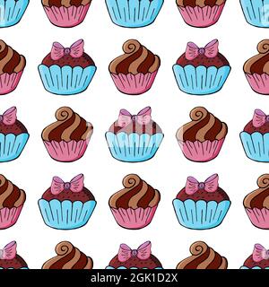 Muffin e tortini carini. Modello senza cuciture con dolci. Illustrazione vettoriale. Texture Illustrazione Vettoriale
