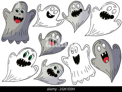 Set di fantasmi in stile disegno a mano. Collezione di illustrazioni vettoriali per il design di Halloween. Elementi di Halloween, stile cartoon. Cartello, adesivo Illustrazione Vettoriale