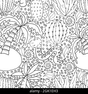 Illustrazione botanica senza giunture. Schema tropicale di diversi cactus, aloe, animali esotici. Conchiglia, serpente, palme, fiori monocromatici Illustrazione Vettoriale
