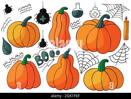 Icone di zucca impostate in stile disegno a mano. Collezione di illustrazioni vettoriali per il design di Halloween. Elementi di Halloween, stile cartoon. Cartello, adesivo, spilla Illustrazione Vettoriale