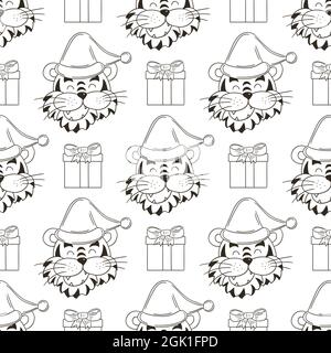 Modello vettoriale senza cuciture con punte delle tigri in cappelli e regali di Capodanno. Modello di colorazione in stile disegno a mano. Anno della tigre 2022. Può essere utilizzato per la produzione di Illustrazione Vettoriale