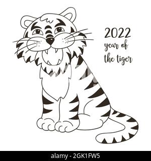 Simbolo di 2022. Illustrazione con tigre in stile disegno a mano. Anno nuovo 2022. Tiger seduta. Colorazione animale Illustrazione Vettoriale