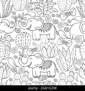 Illustrazione botanica senza giunture. Schema tropicale di vari cactus, aloe. Elefanti, archi, piante esotiche monocromatiche Illustrazione Vettoriale