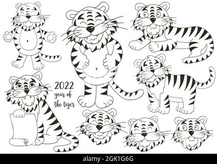 Set di tigri a mano. Simbolo di 2022. Facce monocromatiche delle tigri. Collezione Capodanno 2022 Illustrazione Vettoriale