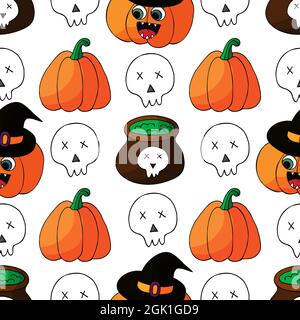 Motivo senza cuciture per il design di Halloween. Illustrazione vettoriale in stile disegno a mano. Stampa decorativa con zucche carine in cappelli e teschi strega Illustrazione Vettoriale