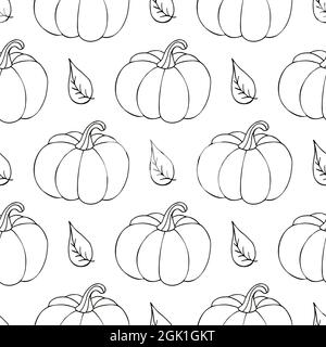 Motivo senza cuciture per il design di Halloween. Illustrazione vettoriale in stile disegno a mano. Stampa da colorare con zucche e foglie carine Illustrazione Vettoriale